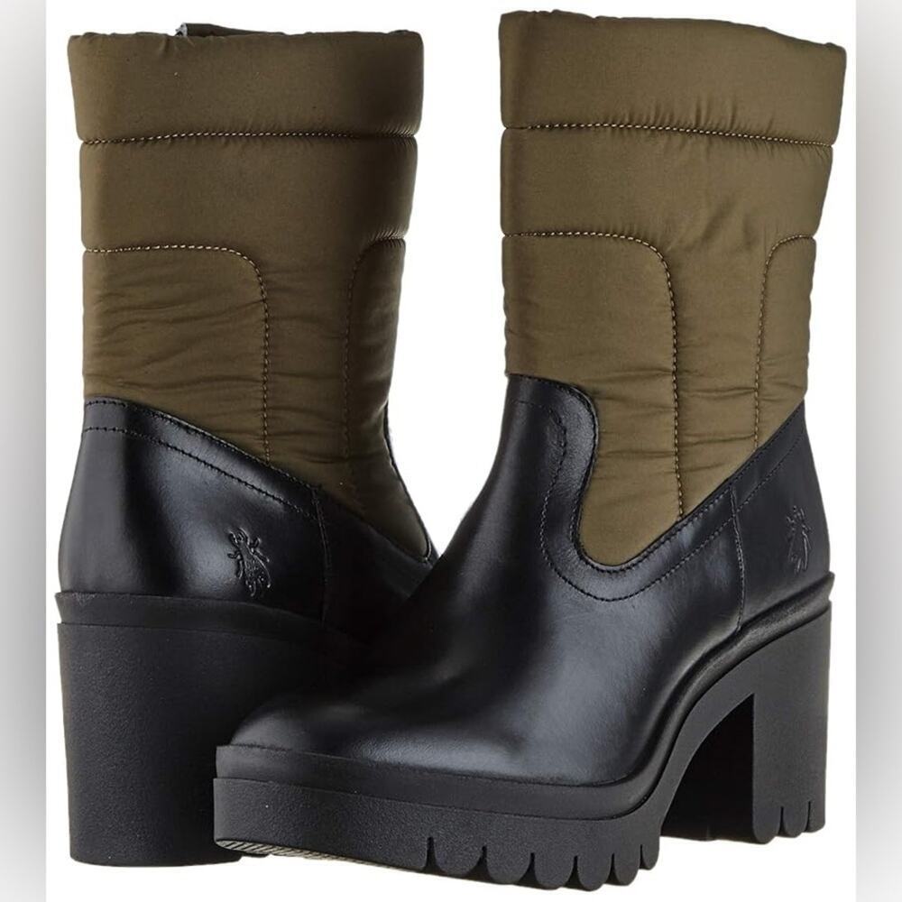 Fly London 38 Women's Tyke661fly Mid-Calf Platform Boots in Green and Black